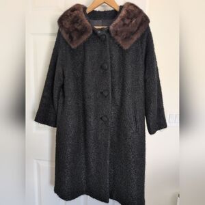 Vintage 1960 Carillon For Macy's Black Wool Coat With Brown Mink Collar L/XL
